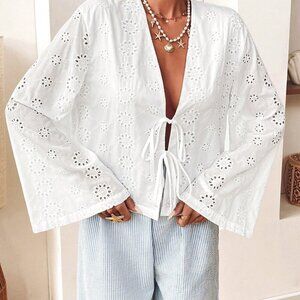 White Boho Women's Casual Woven Long Sleeve Front Tie Loose Blouse